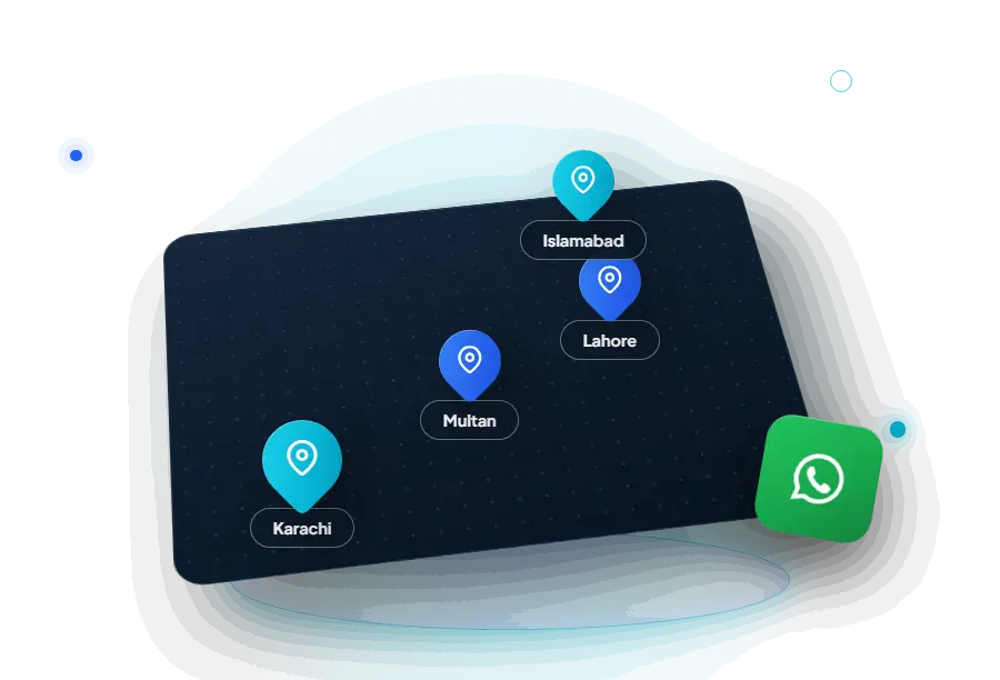 Illustration: map pins for Karachi, Multan, Lahore and Islamabad with WhatsApp support