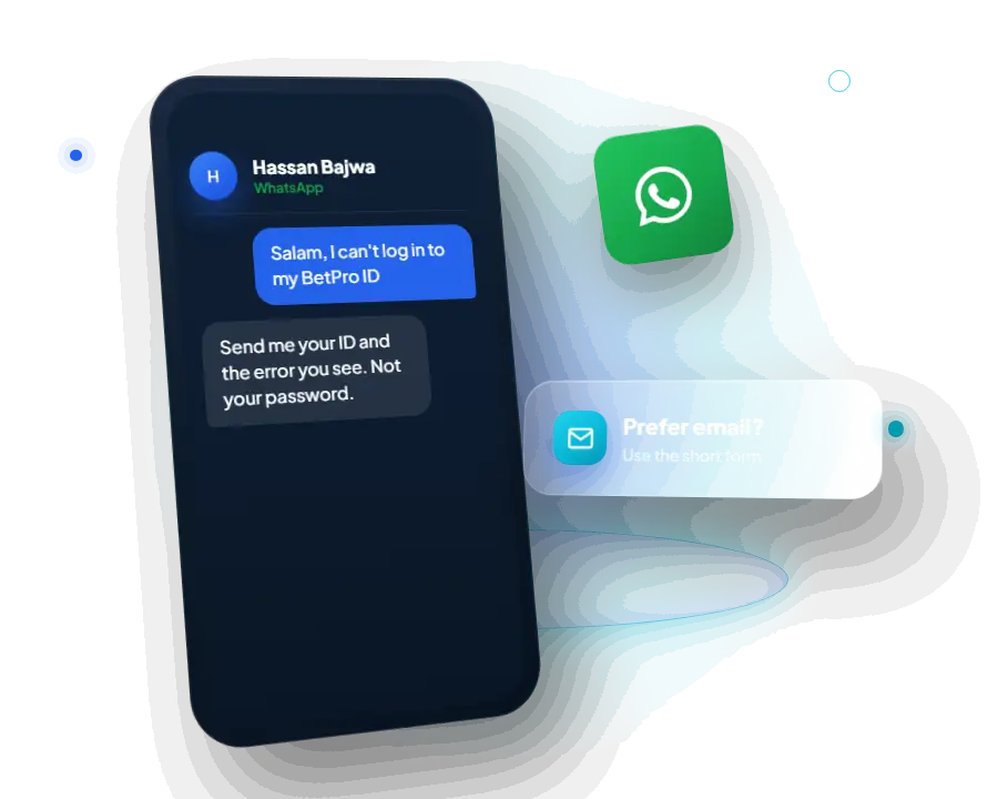 Illustration: a WhatsApp chat with Hassan Bajwa and an email option